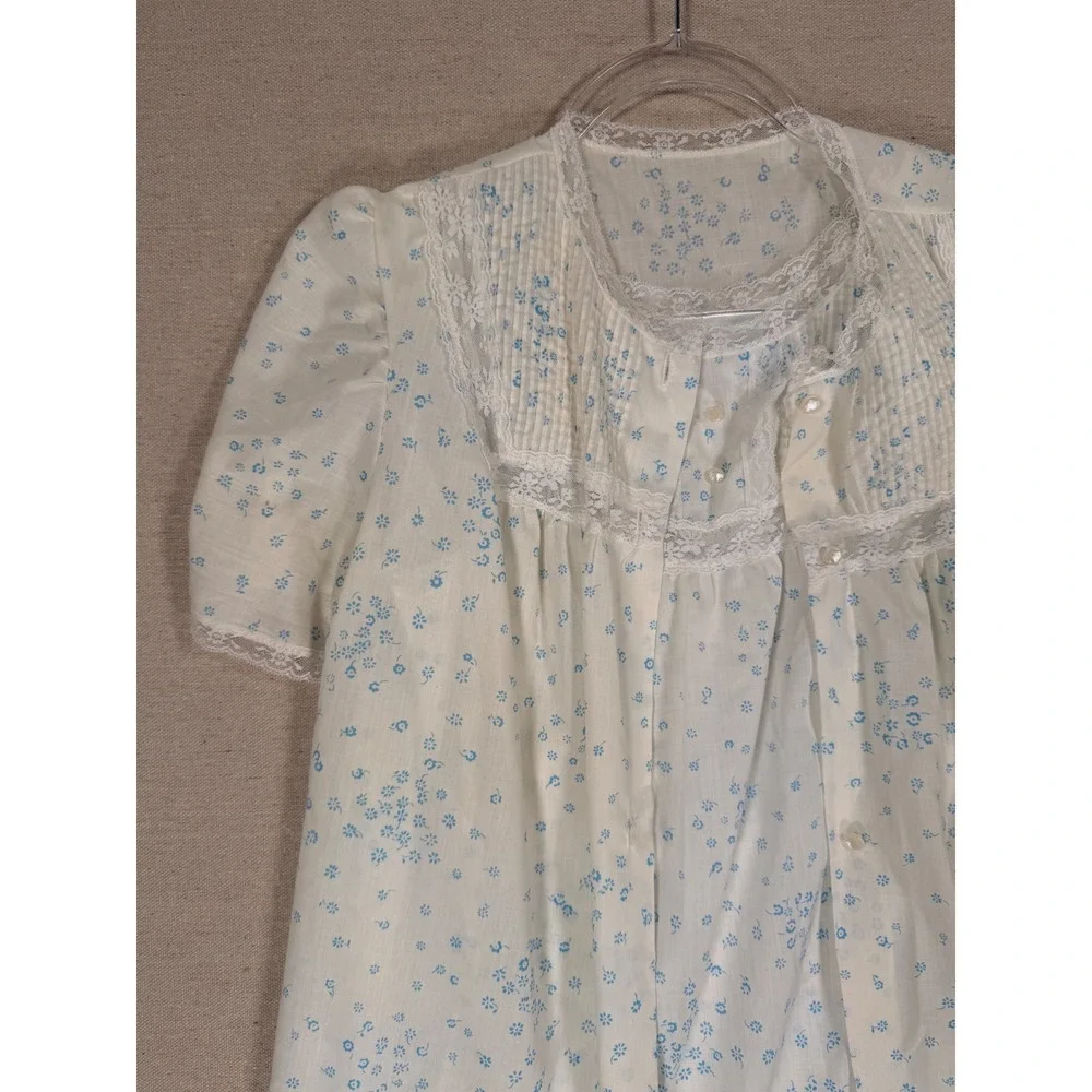 Vintage Sears Women Small Blue Floral Nightgown and Robe Set Lace Trim White